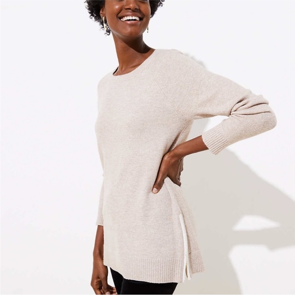 LOFT Women's Heather Tan Crew Neck Side Zipper Sweater - Picture 1 of 10